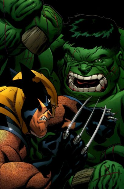 Wolverine fighting Hulk in a Marvel Comics scene with intense expressions and claw attack