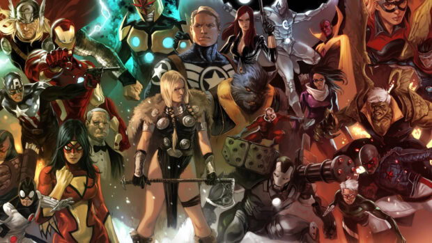 A group of Marvel Comics characters assembled in a detailed dynamic scene with powerful poses