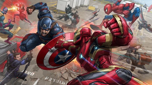 Captain America and Iron Man in an epic fight scene from Marvel Comics