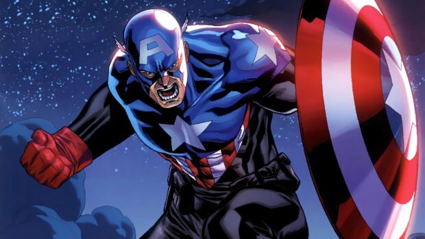 Captain America character from Marvel Comics in action with shield and clenched fist in night sky background