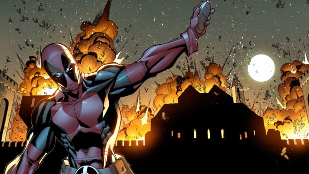 Deadpool character from Marvel Comics standing in front of a burning castle at night