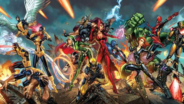 Marvel characters from the Marvel Comics group in an epic battle scene