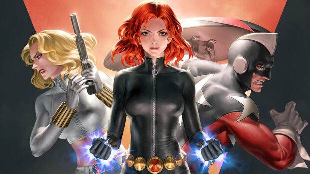 Marvel Comics characters including Black Widow and others in action pose