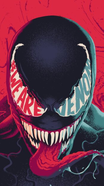 Venom character from Marvel Comics with a menacing grin and long tongue displayed on a red background