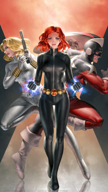 Black Widow in a black suit stands with two Marvel Comics heroes in action poses