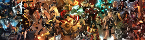 A vibrant Marvel Comics group featuring iconic characters in dynamic action poses across the scene