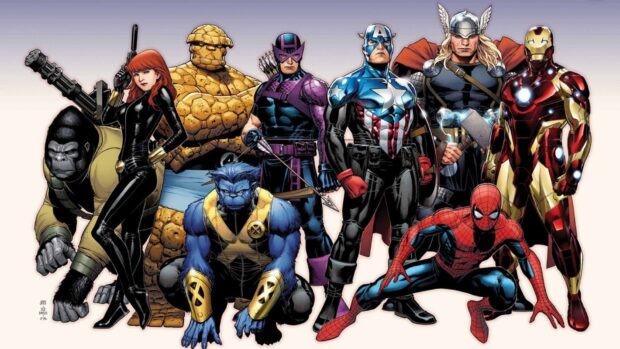 Marvel Comics characters including Spider Man and Captain America pose in the classic Marvel Comics scene
