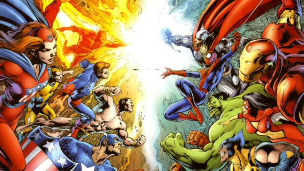 Marvel Comics characters preparing for battle in an epic Marvel Comics scene