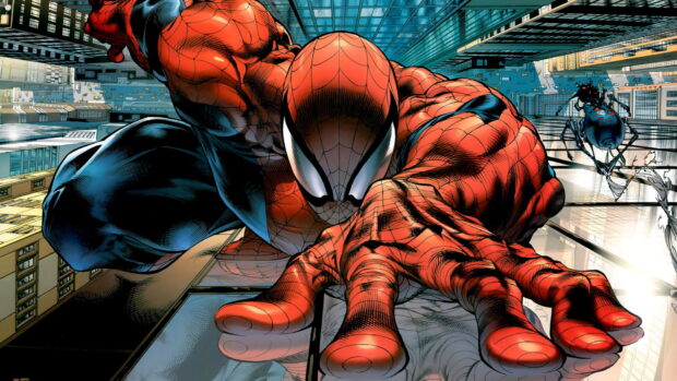 Spider Man classic Marvel Comics character climbing a glass building in an urban cityscape