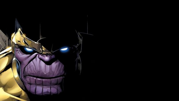 Thanos character from Marvel Comics with glowing eyes and gold armor in dark background
