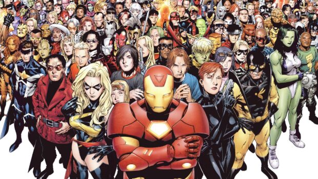A large group of Marvel Comics characters assembled together in a detailed comic artwork