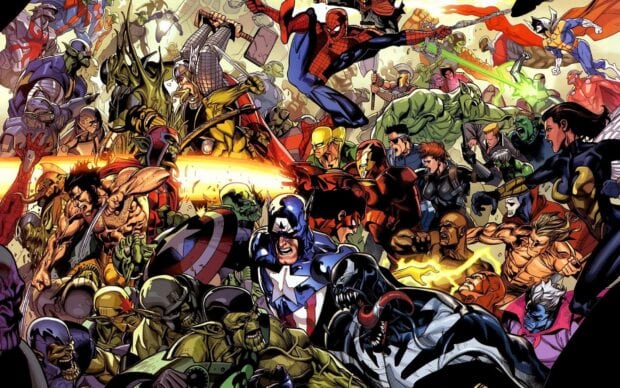 A Marvel Comics battle scene featuring classic characters like Captain America Wolverine and Spider Man in action