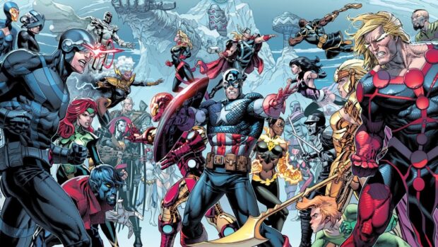 A Marvel Comics group featuring Captain America and other superheroes ready for battle in a snowy landscape
