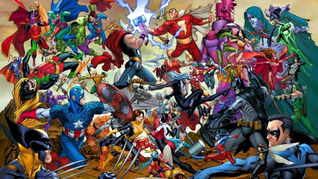 A vibrant Marvel Comics lineup featuring classic heroes in dynamic action scenes