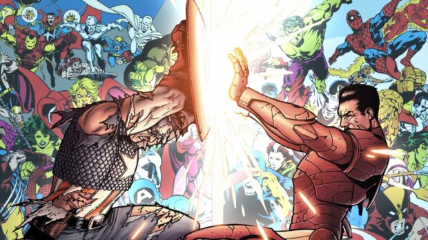 Captain America and Iron Man battle fiercely in a Marvel Comics scene