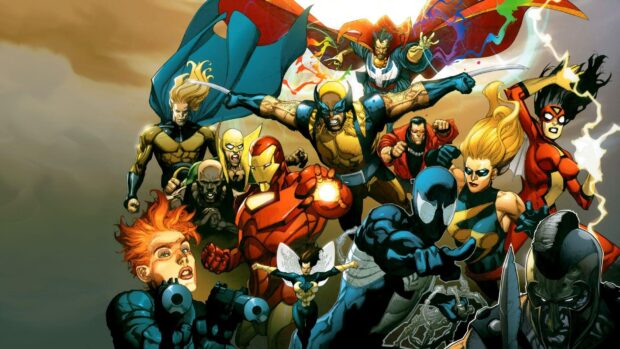A group of Marvel Comics characters in action showing fierce determination and power
