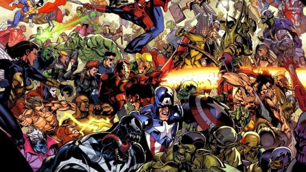 Marvel Comics characters engaged in an intense battle scene with the original Marvel heroes and villains