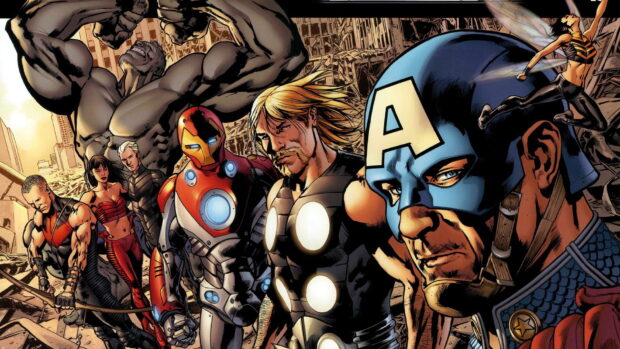 Marvel Comics characters including Captain America and Iron Man in a detailed comic scene