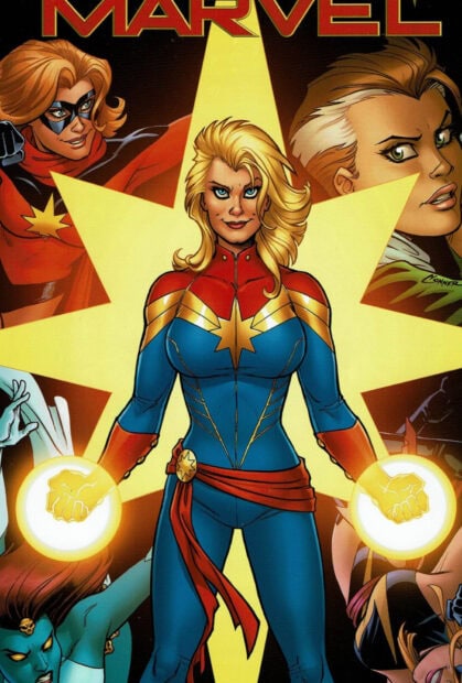 Captain Marvel stands confidently with glowing fists in a Marvel Comics scene