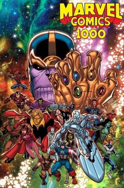 Thanos and various Marvel Comics characters in cosmic battle scene