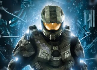 Master Chief in armored suit standing in futuristic environment with shattered glass and blue light