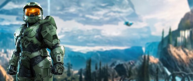 Master Chief standing in detailed armor with mountainous landscape in the background