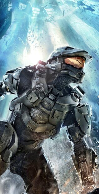 Master Chief in futuristic armor standing ready for battle in a sci fi environment