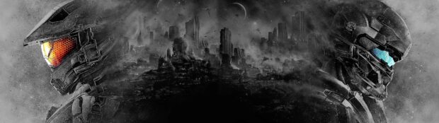 Master Chief helmet with orange visor facing a futuristic cityscape and another helmet with blue visor in grayscale background