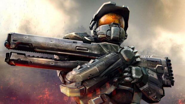 Master Chief soldier wearing armor and holding a large futuristic weapon