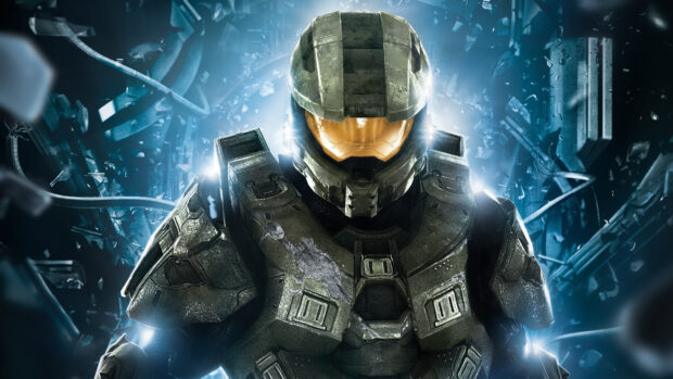 Master Chief character in futuristic armor standing amidst shattered debris in a sci fi setting