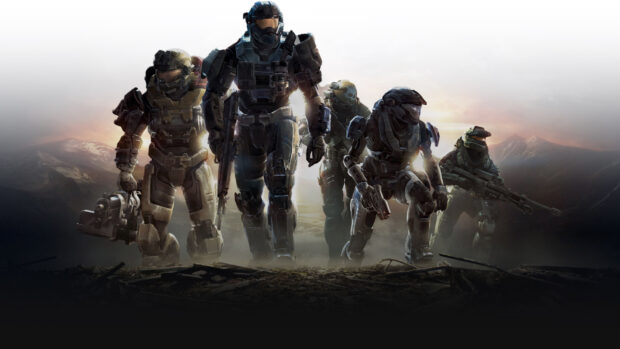 Master Chief characters walking forward in battle armor on a dark landscape