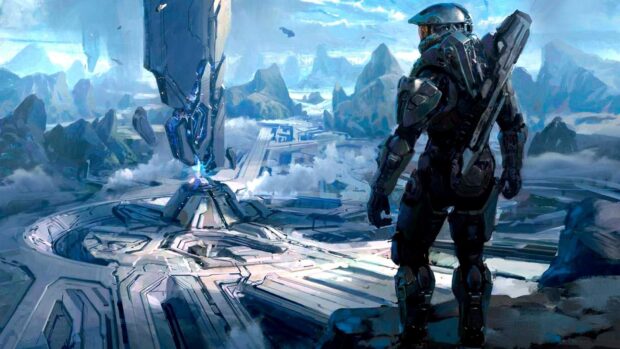 Master Chief standing on a cliff overlooking a futuristic landscape in high detail