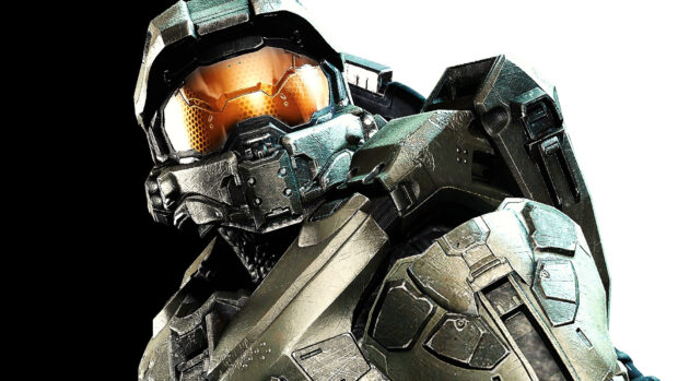 Master Chief wearing futuristic armor in a high definition close up view