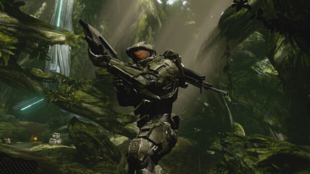 Master Chief in armor aiming a weapon in a dense forest environment