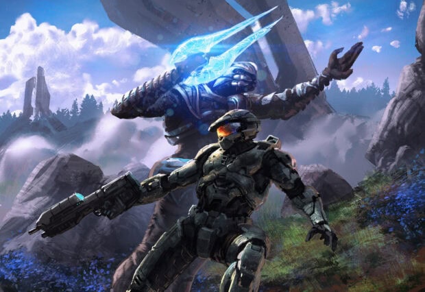 Master Chief character in advanced armor holding a weapon in a futuristic landscape facing a large armored enemy
