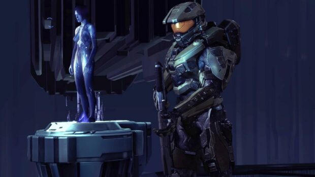 Master Chief standing next to a holographic figure in a futuristic environment