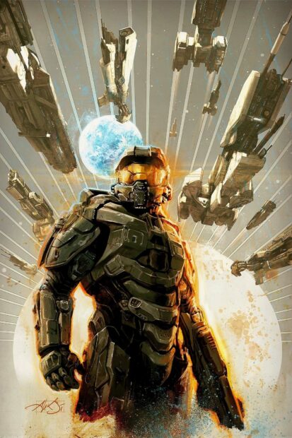Master Chief standing in futuristic armor with spaceships and planets in the background