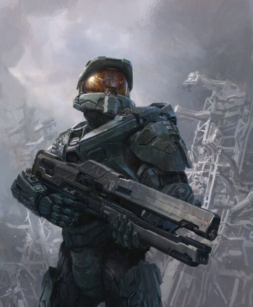 Master Chief in futuristic armor holding a large weapon in a sci fi environment