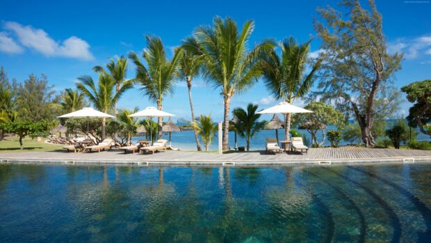 Tropical palm trees and sun loungers by a pool in Mauritius Island resort