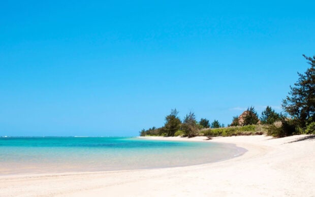 Clear blue sky over turquoise waters and sandy beach on Mauritius Island coast