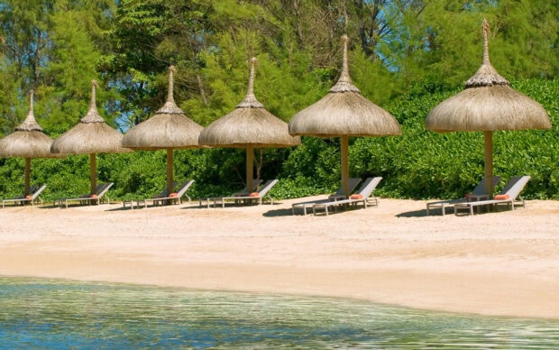 Thatched umbrellas along the Mauritius Island beach with green trees in the background