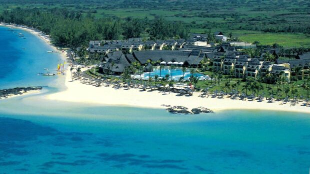 Aerial view of Mauritius Island resort with blue sea and sandy beach