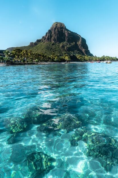 Clear turquoise water with coral reefs near Mauritius Island