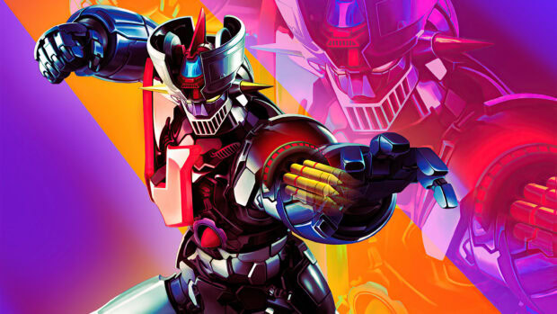 Mazinger Z robot ready to fight with vibrant futuristic colors and energetic pose