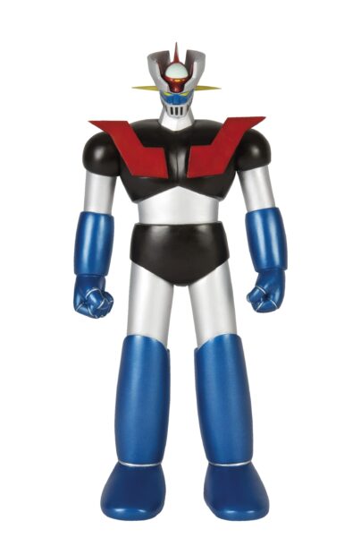 Mazinger Z robot standing with red and blue armor and metallic silver body on white background