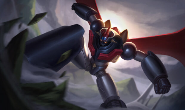 Powerful Mazinger Z robot in action with dramatic sky and landscape in the background