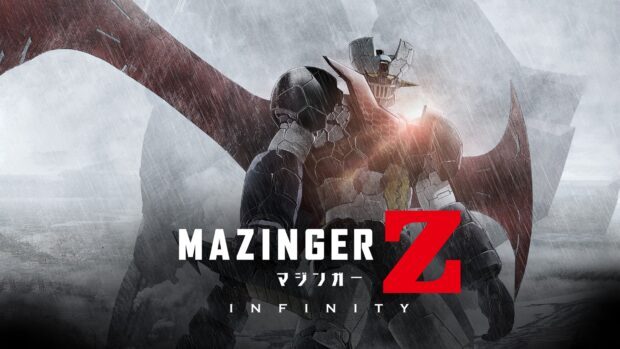 Mazinger Z robot standing in the rain with large wings and cityscape background