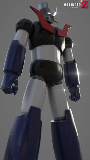 Mazinger Z robot standing with blue and black armor in detailed 4k render