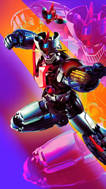 A futuristic Mazinger Z robot in dynamic action pose with vibrant neon colors