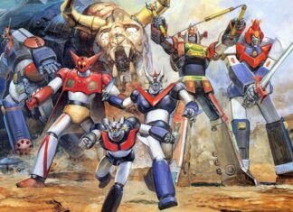 A group of Mazinger Z robots standing ready for battle in a detailed action scene